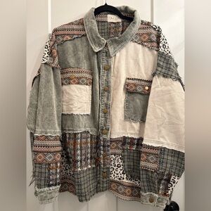 Oli & Hali Sunny Disposition Patchwork Jacket Shacket Olive Cream S/M Boho